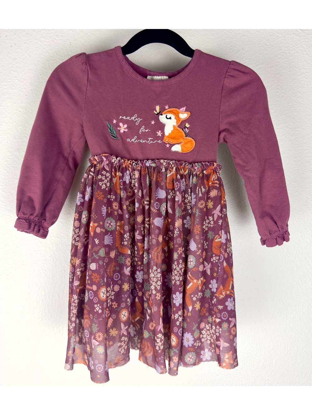 Self Esteem Girls' 2T Purple Fox Print Long Sleeve Dress